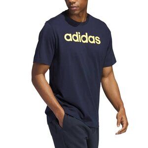 adidas Mens Graphic Tee Navy Blue with Yellow Logo Spellout Stretch 100% Cotton